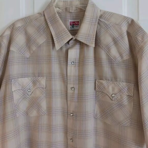 Vintage Tem Tex Pearl Snap Shirt Men's XL Short Sleeve Western Cowboy USA Beige - Picture 4 of 5